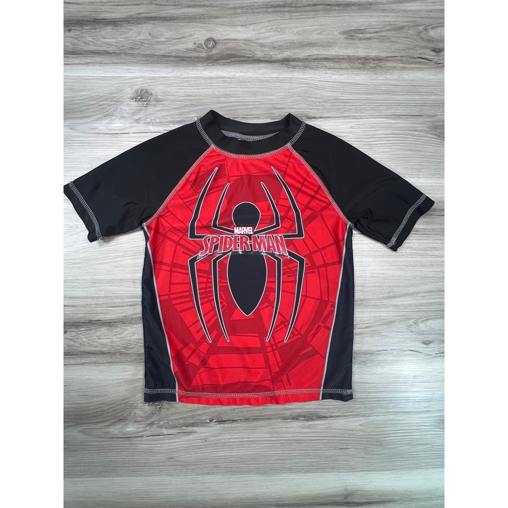 Kids Marvel Spider-Man Rash Guard Swim Shirt Red Black Size 5T Short Sleeve